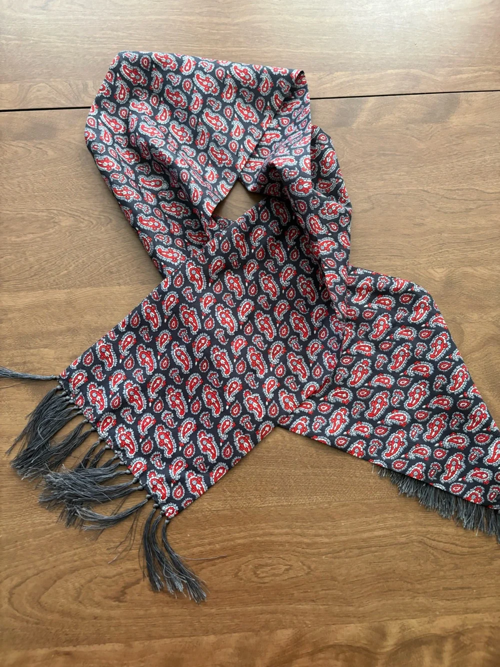 Vintage LINCO Red & Gray Paisley pure Silk Opera Scarf with Fringe